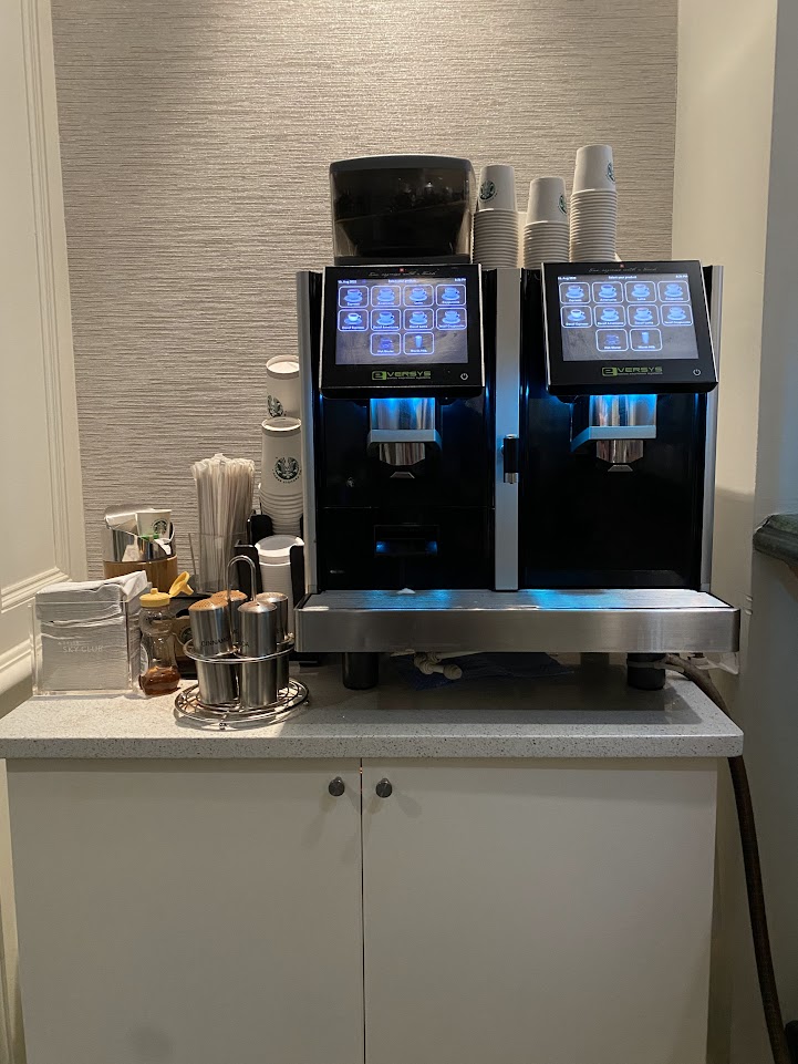 Coffee and tea station at the Delta Sky Club in Orlando 