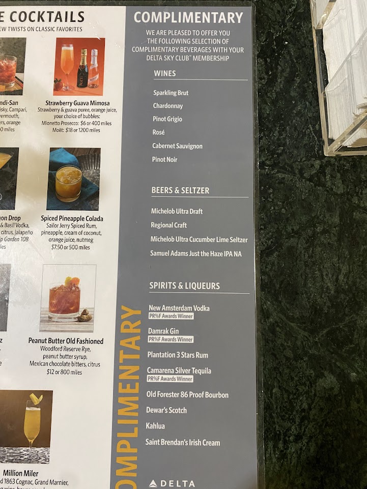 Complimentary drink list for the Delta Sky Club in Orlando 