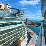 Picture taken from a cruise ship overlooking another ship and The Bahamas