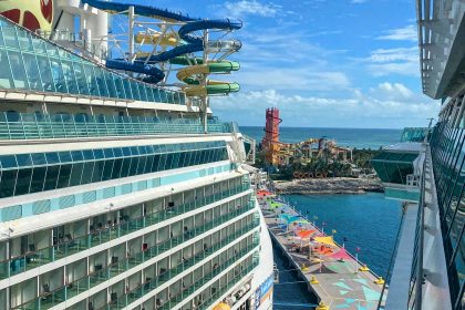 Picture taken from a cruise ship overlooking another ship and The Bahamas