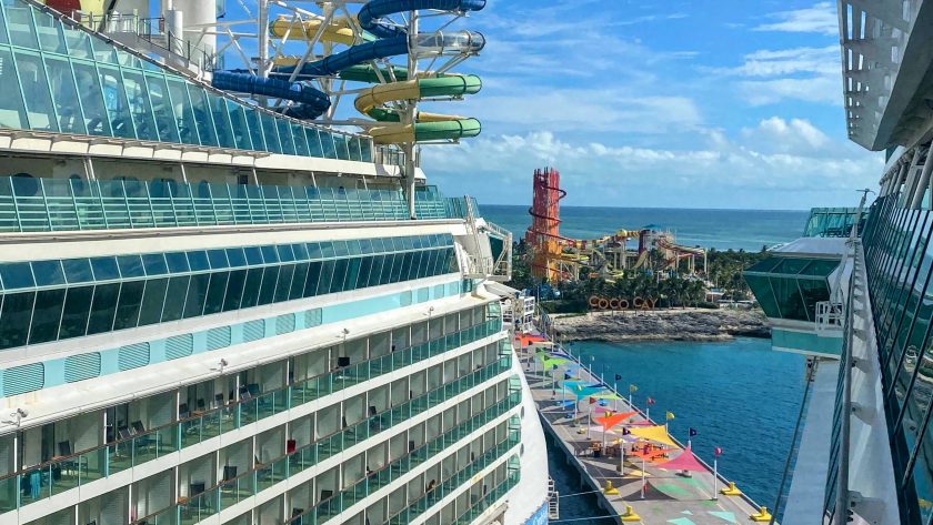 Picture taken from a cruise ship overlooking another ship and The Bahamas