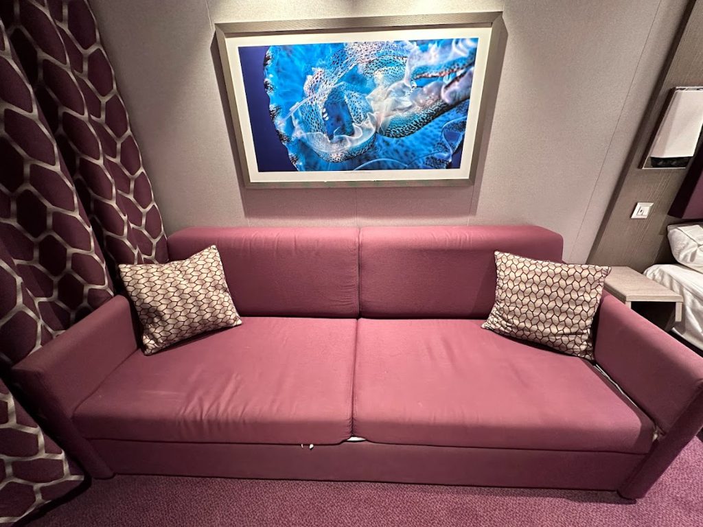 Couch in the MSC Seaside Deluxe Ocean View Cabin