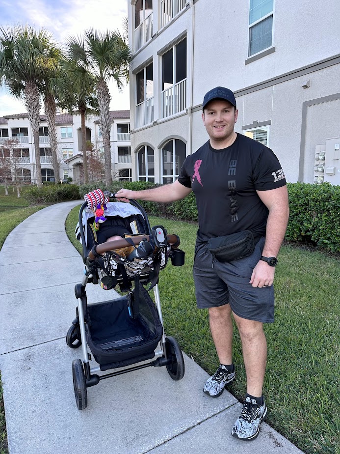 My husband wearing a t-shirt and shorts during the day in Orlando during the winter. 