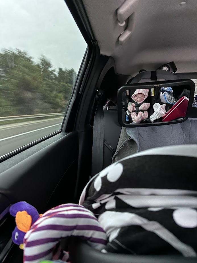 A mirror can help you to see your newborn baby during a road trip 