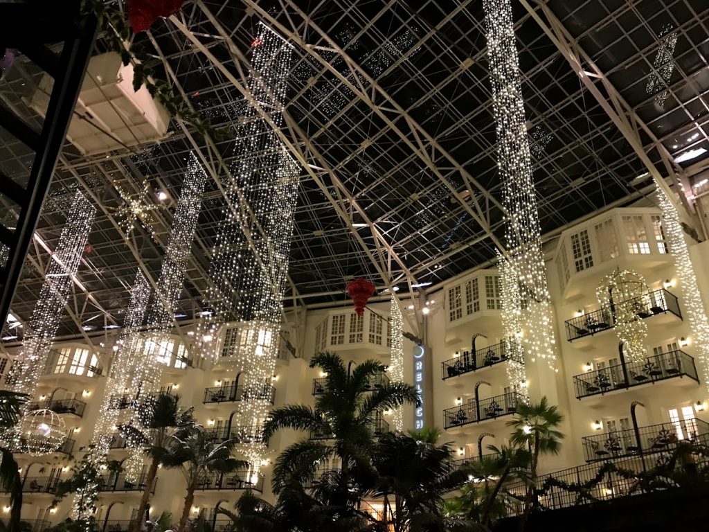 Picture of Christmas lights dangling from the ceiling in one of the common areas of the Gaylord Opryland Resort 