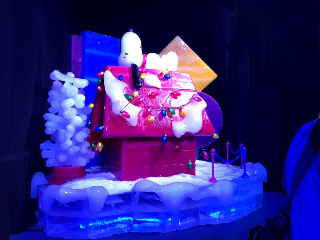 Picture of an ice sculpture of Snoopy, which is part of the Charlie Brown Christmas Ice Sculpture exhibit at the Gaylord Opryland Resort in Nashville