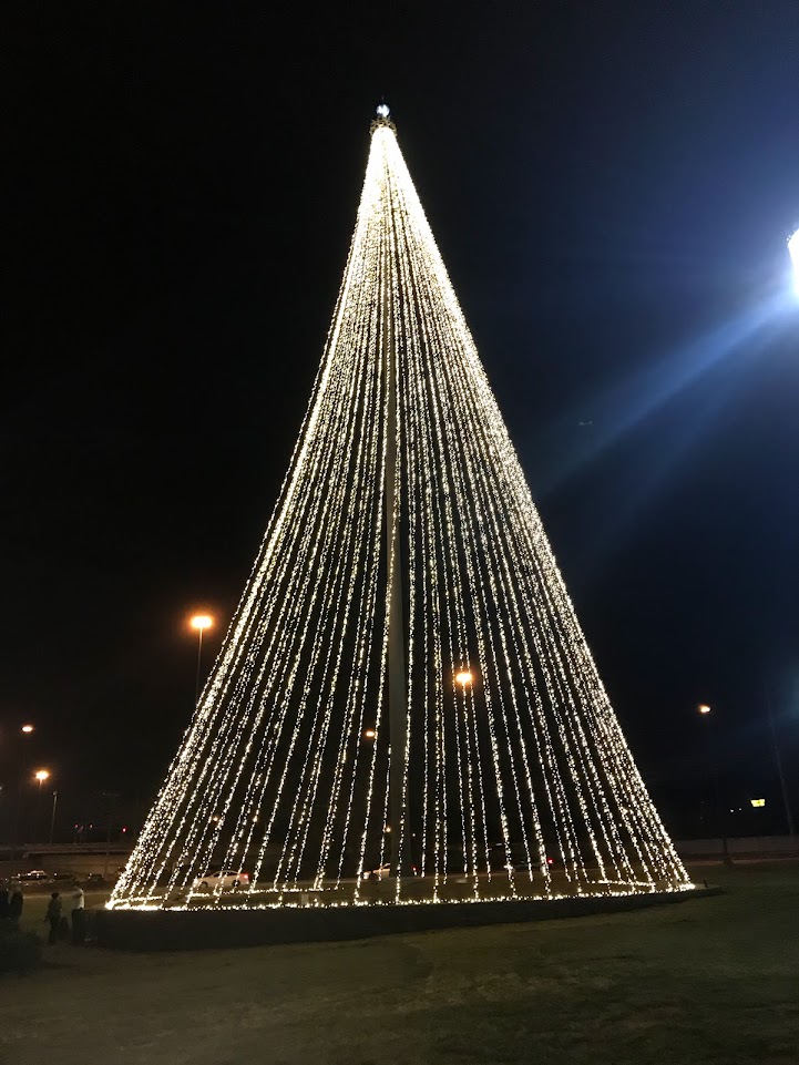 Picture of a huge Christmas tree made of lights on the lawns of the Gaylord Opryland Resort 