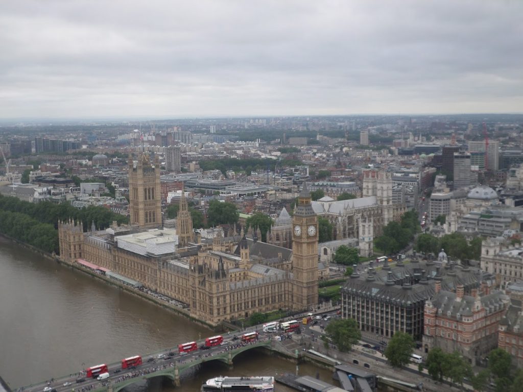 View from the top of the London Eye showing Big Ben. 